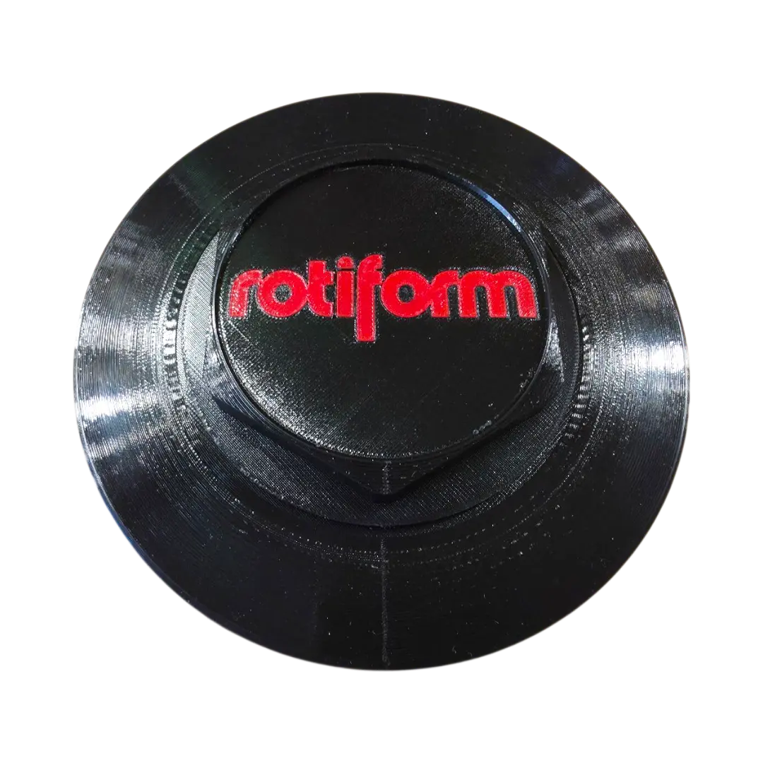Custom 3D printed Rotiform Wheel Hub Caps in black and red PETG