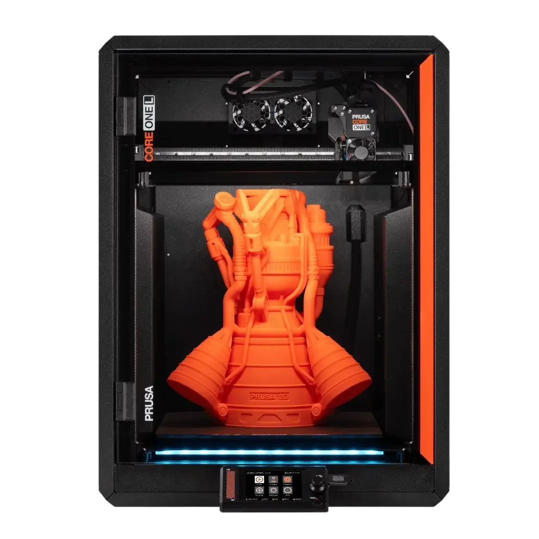 Orange functional prototype being printed inside a Prusa CORE One 3D printer